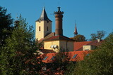 Fototapeta Na sufit - Church towers and chimney of the brewery in Kacov,Central Bohemia,Czech Republic,Europe,Central Europe
