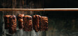© Надія Коваль - Tasty meats. Traditionally smoked meats pork ham. Traditional method of smoking meat in smoke. Long banner format.
