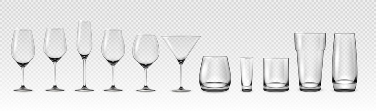 Wall Mural - Realistic empty glasses. Glass cup and cocktail stemware mockup. Transparent glassware for wine and alcohol drinks. 3D crystal utensil for beverage serving. Vector bar drinkware set