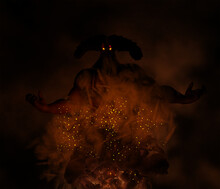 Illustration Of A Demon Djinn Entity With Burning  Eyes Rising Out Of Fire And Smoke