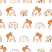 Boho Rainbow Bear Seamless Pattern. Nursery And Baby Room. Abstract Bear Rainbow, Minimalist Arch. Cute Animal Stock Modern Trendy Hand Drawn Flat Illustration Isolated On White Background.