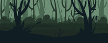 Cartoon Forest Background With Pond Or Swamp. Rainforest Landscape Scary Night Silhouette With A Water, Tree Trunks And Marsh Grass. Vector Cartoon Illustration Of Wild Jungle, Forest.
