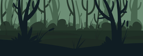 Cartoon forest background with pond or swamp. Rainforest landscape scary night silhouette with a water, tree trunks and marsh grass. Vector cartoon illustration of wild jungle, forest.
