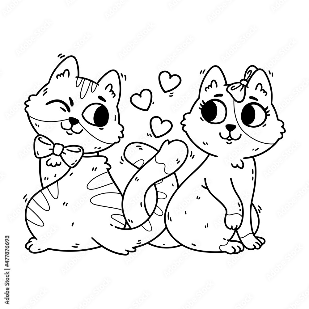 Cats fall in love and knot their tails. 14 February postcard with domestic animals. Romantic Valentines Day greeting card of kitties. Coloring page. Vector illustration isolated on white.
