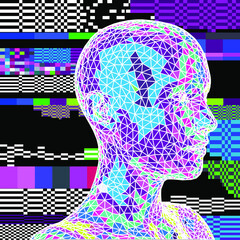 Wall Mural - 3d low poly model of a human head on pixelated and glitched background. conceptual illustration of a