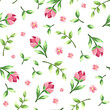 Vector seamless spring floral pattern with pink flowers and green leaves on a white background.
