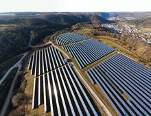 Solar-park Next To The Rural Town - Gerhausen, South Germany, Baden-Wuerttemberg, Aerial Panoramic View.