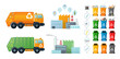 Waste management collection. Set for infographic: bins, truck for garbage, waste incineration plants. Waste Factory, containers. Types of trash: Organic, Plastic, Metal, Paper, Glass, E-waste. Vector