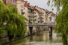 Riverside buildings and the Cobblers bridge in Ljubljana, Slovenia