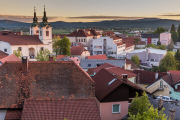 Wall Mural - Sunset aerial view of Postojna town, Slovenia
