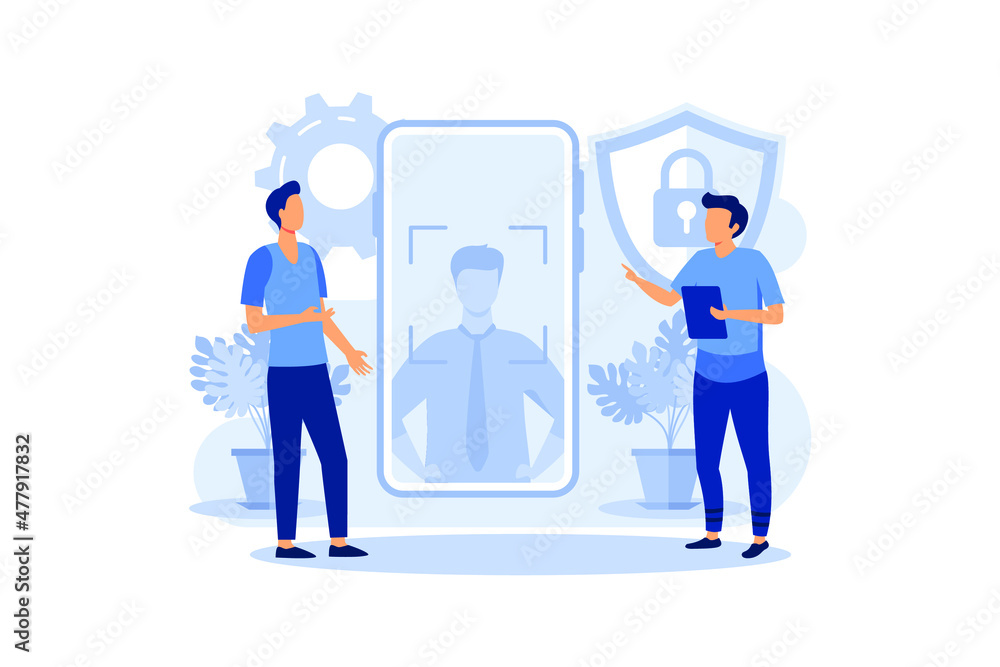 Face Recognition Technology Concept, Showing a mobile apps with ...