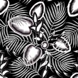 vintage rainforest tropical seamless pattern with black and white calla leaves plants, palm foliage on night background. vector design. fashionable texture for shirt cloth or textiles. Exotic Summer