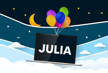 Julia programming language... Balloons carries laptop with word Julia
