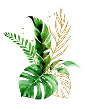 Watercolor Hand Drawing. Bouquet, Composition Of Tropical Leaves. Gold And Green Leaves Of Palm, Monstera. Rainforest Leaves