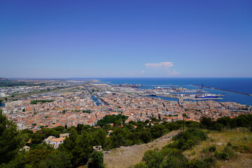 Wall Mural - Sete town in French Mediterranean coast of Languedoc in aerial top view panorama