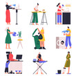 © WinWin - Housewife doing housework, cooking, vacuuming and cleaning. Housewives cleaning house and washing dishes vector illustration set. Woman housewife does housework