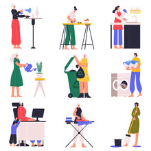 Housewife Doing Housework, Cooking, Vacuuming And Cleaning. Housewives Cleaning House And Washing Dishes Vector Illustration Set. Woman Housewife Does Housework