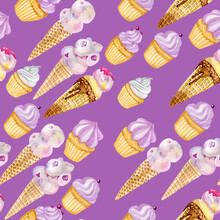 Ice Cream And Muffins On A Purple Background Seamless Pattern For Fabric Digital Paper
