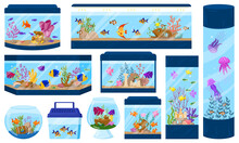 Cartoon Aquariums With Underwater Fish, Algae And Corals. Aquarium Underwater Fish Pet Vector Illustration Set. Aquaria Environment With Sea Wildlife
