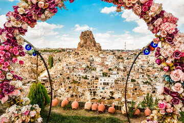 Wall Mural - Fortress on hilltop of Ortahisar town surrounded by houses. Turkey travel destination