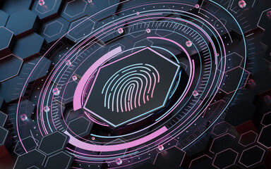 Poster - Fingerprints with hexagonal background, 3d rendering.