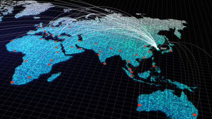 Poster - Global connectivity from Seoul, South Korea to other major cities around the world. Technology and network connection, trading and traveling concept. World map element of this clip furnished by NASA