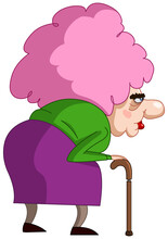 Old Lady Woman With A Walking Stick Cane And A Pink Hair