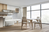 Fototapeta Panele - White and beige living and dining room combo. Corner view.