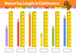 Measuring length in centimeter with ruler. Education developing worksheet. Game for kids. Color activity page. Puzzle for children. Cute character. Vector illustration. cartoon style.
