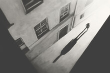 Illustration Of Man And His Big Shadows Walking In The City, Surreal Concept
