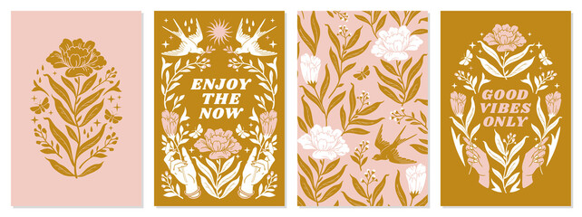 boho mystical posters with inspirational quotes about energy, magic and good vibes in trendy bohemia