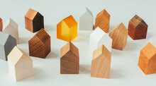 Set Of Tiny Wooden Toy Houses.