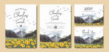 Watercolor Wedding Invitation Of Nature Landscape With Beautiful Yellow Flowers