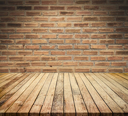 Wall Mural - Old wood table with abstract old brick wall background for product display