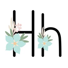 Letter H Of English, Latin Alphabet Uppercase, Lowercase Decorated With Flowers, Floral Monogram Vector Illustration In Simple Boho Style, Flat Pastel Colored Decorative Lettering