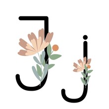 Letter J Of English, Latin Alphabet Uppercase, Lowercase Decorated With Flowers, Floral Monogram Vector Illustration In Simple Boho Style, Flat Pastel Colored Decorative Lettering