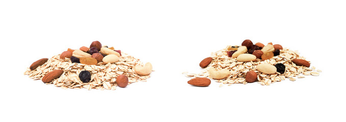 Wall Mural - Mix nuts, raisins and oatmeal isolated on white background