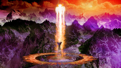 Canvas Print - cosmodrome with take-off site on alien planet among the mountains. elements of this image furnished 