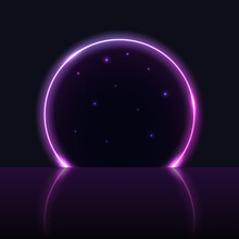 Neon Arch Gate, Purple Glowing Portal To Galaxy Pace. Light Glow Effect, Round Neon Door Opening With Starry Night Sky. Magic Fantasy Or Techno Futuristic Portal. Vector Illustration