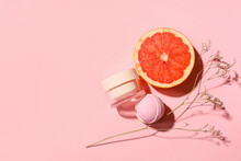 Bath Bomb, Jar Of Cosmetic Product, Grapefruit And Dried Flower On Color Background