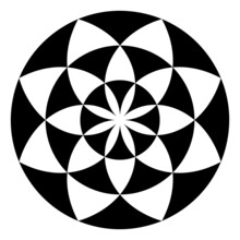 Flower Symbol, Derived From Triangle Shaped Pattern. Symbol Of A Blossom With Eight Petals, Created With Arches. Also A White Eight-pointed Star In A Black Field. Black And White Illustration. Vector.