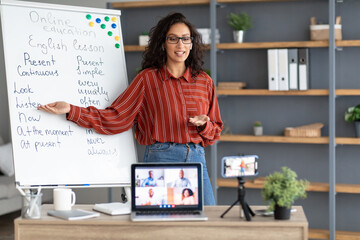 Wall Mural - Teacher pointing on board, giving virtual lecture to students