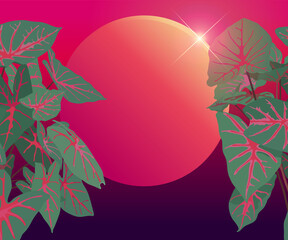 Wall Mural - Retrowave tropical Red Aglaonema (Chinese evergreen) plant, space scene with sphere sunset and light effects, neon glow gradient background template, aesthetic feeling