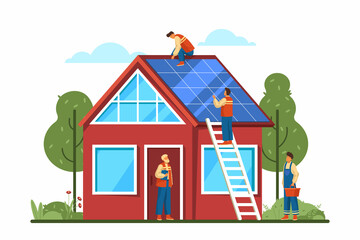 Process of solar panel installation, vector banner