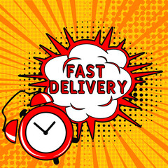 Comic book explosion with text Fast Delivery, vector illustration. Fast Delivery in comic pop art style. Comic advertising concept with Fast Delivery wording. Modern Web Banner Element