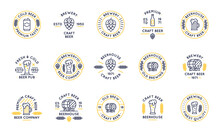 Collection Of Craft Beer, Pub And Brewery Logos, Badges, Labels. Set Of 15 Icons With Beer-related Attributes Hop, Beer Bottle, Can, Glass Of Beer And Wooden Cask. Vector Illustration