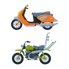 Canvas Print - Motorcycle or Motorbike and Scooter as Two-wheeled Motor Vehicle Side View Vector Set