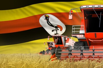 Wall Mural - 3 red modern combine harvesters with Uganda flag on wheat field - close view, farming concept - industrial 3D illustration