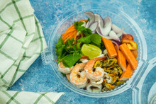 Spicy Seafood Salad With Steamed Shrimp And Mussels In Box.