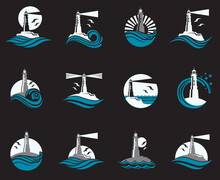 Collection Of Lighthouse Icon With Ocean Waves And Seagulls Isolated On Black Background